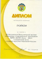 Диплом за участие в XIII Международной выставке "Атракционы и развлекатеьное оборудование РАППА ЭКСПО Осень-2019"